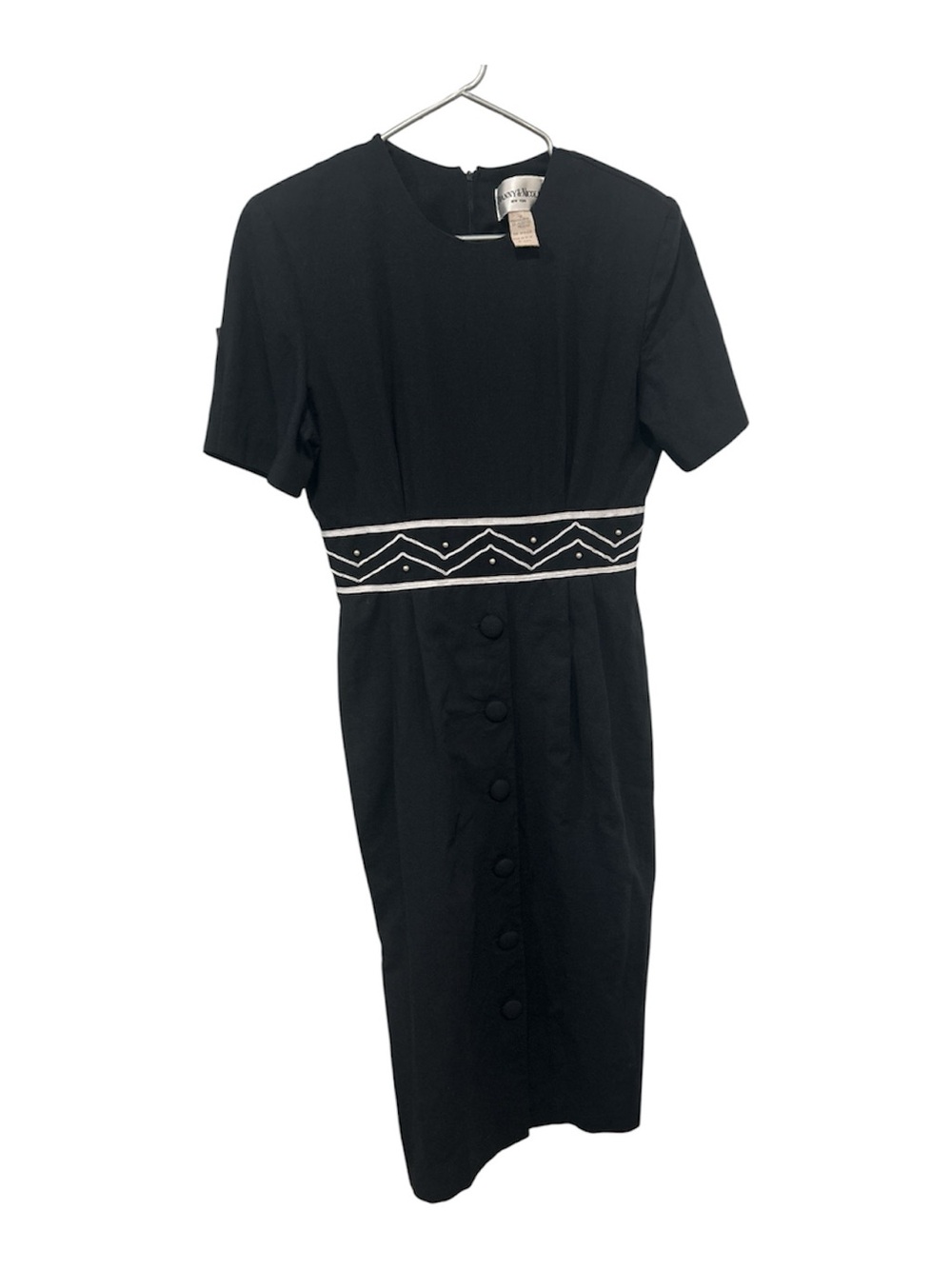Danny & Nicole NY 80s Black Short Sleeve Midi Dress Embroidered Waistband Sz 10
